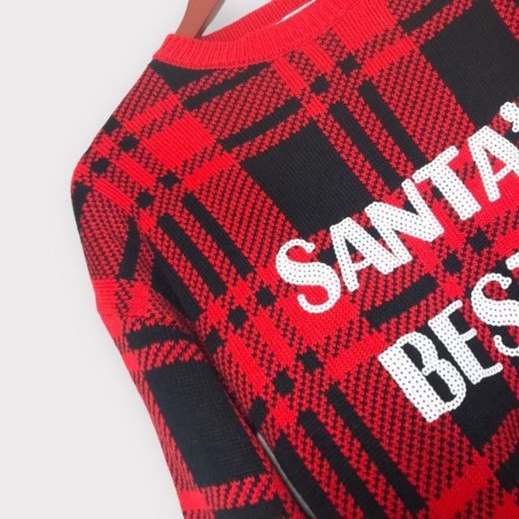 DEREK HEART Sequin Santa’s Bestie Buffalo Plaid Pullover Sweater Size La… - Picture 3 of 7